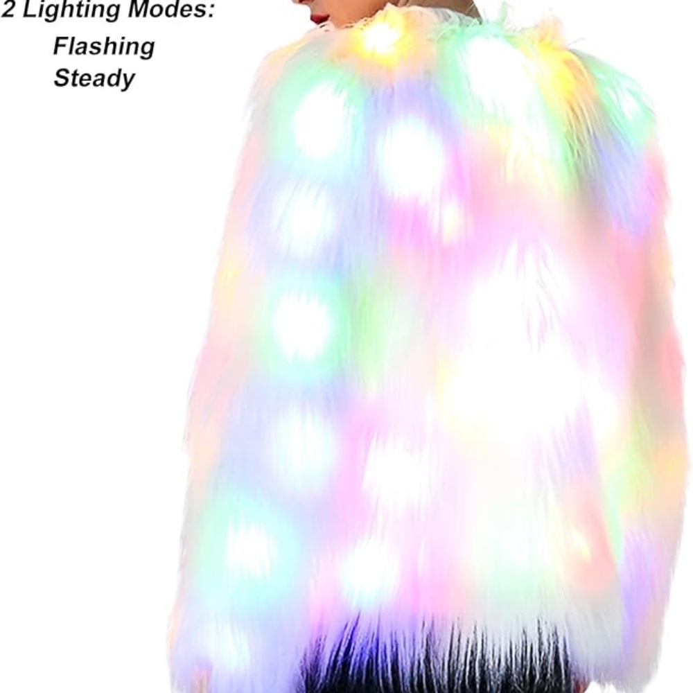 Faux Fur LED Jacket Short White Luminous Festival Rave Costume  Light Up Coat L